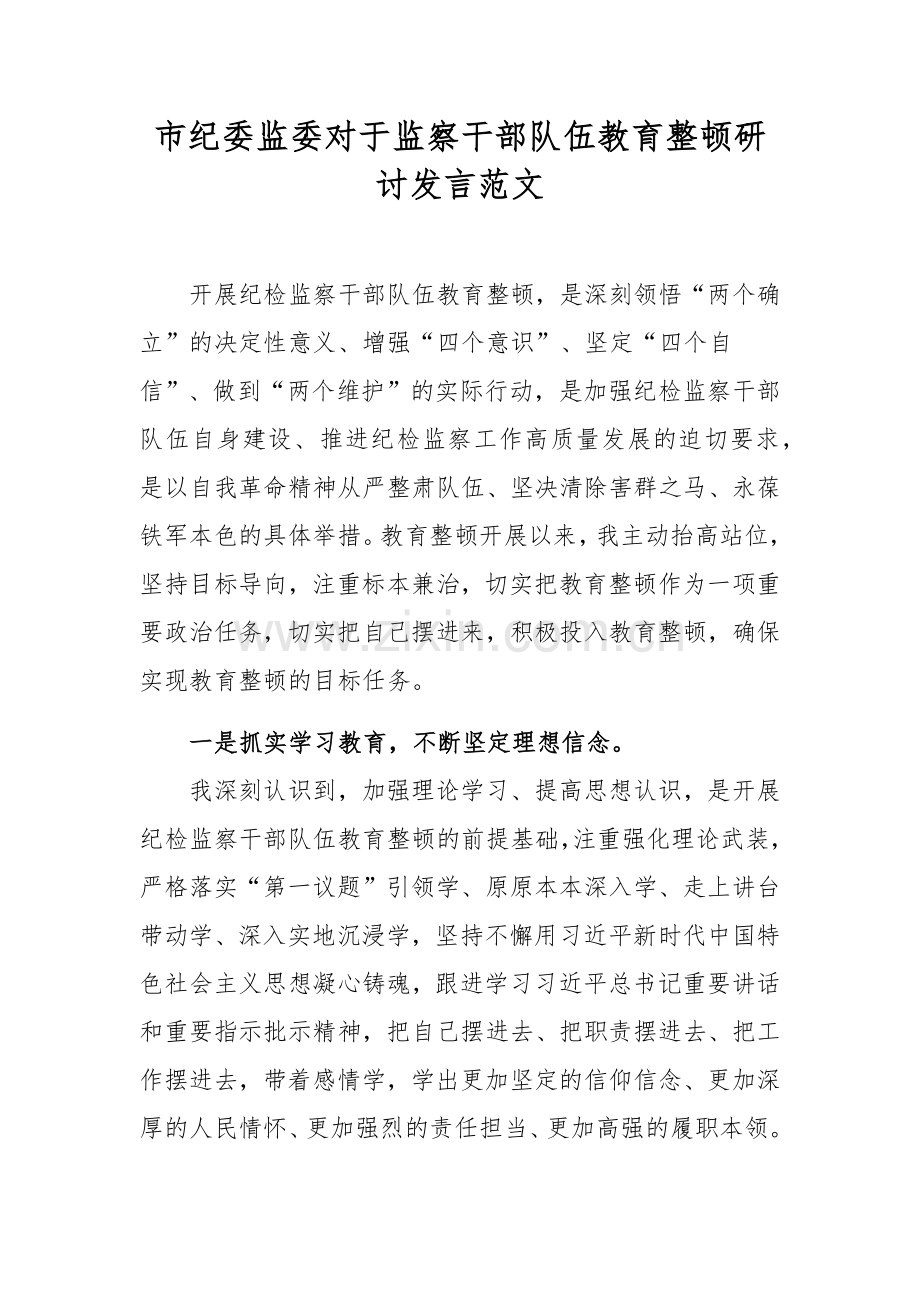 市纪委监委对于监察干部队伍教育整顿研讨发言范文.docx_第1页