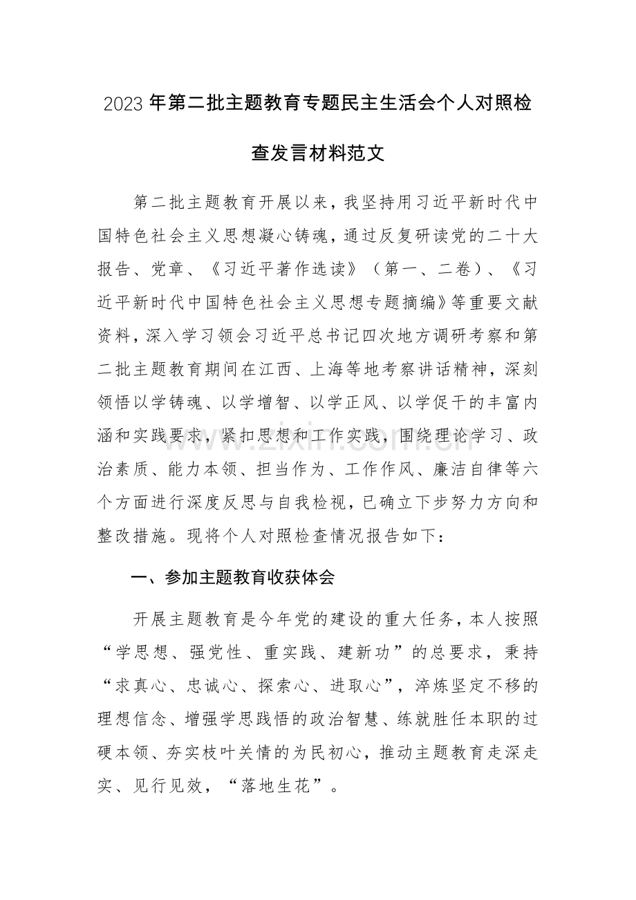 2023年第二批主题教育专题个人对照检查发言材料范文.docx_第1页