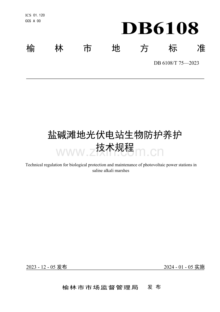 DB 6108∕T 75-2023 盐碱滩地光伏电站生物防护养护技术规程(榆林市).pdf_第1页
