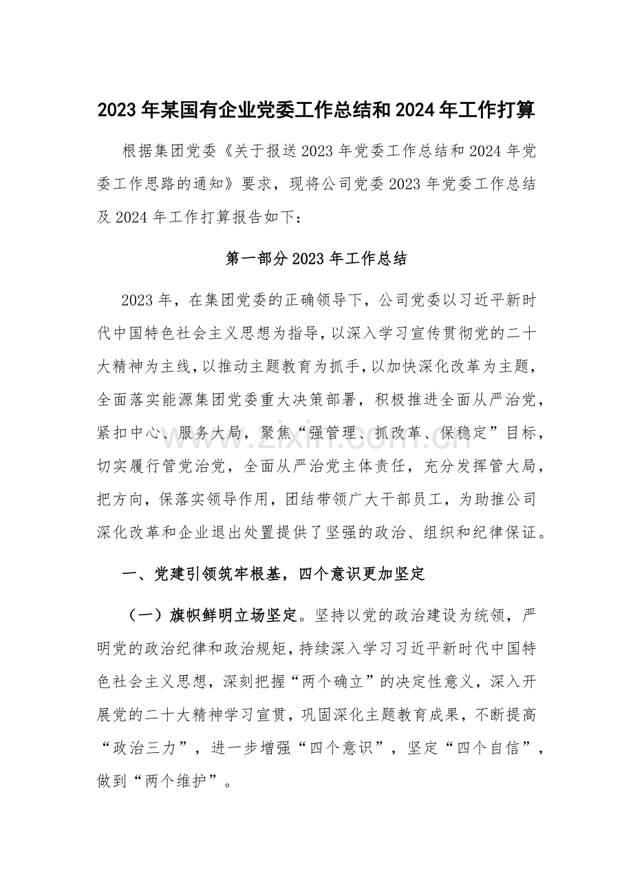 2023年某国有企业党委工作总结和2024年工作打算.docx_第1页