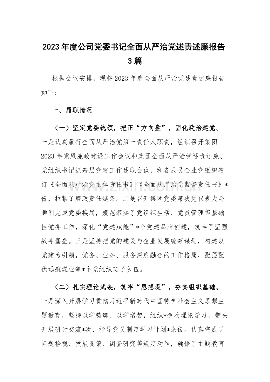 2023年度公司党委书记全面从严治党述责述廉报告3篇.docx_第1页