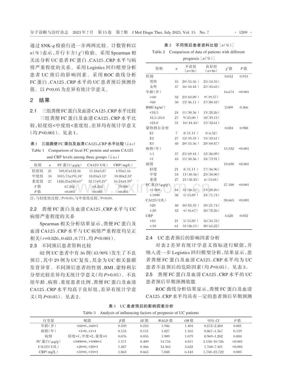 粪便FC蛋白联合血清CA125、CRP对溃疡性结肠炎患者的预后评估.pdf_第3页