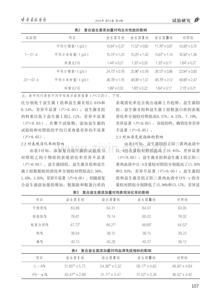 复合益生菌对正阳三黄鸡生长性能、日粮表观消化率及血清免疫指标的影响.pdf_第3页