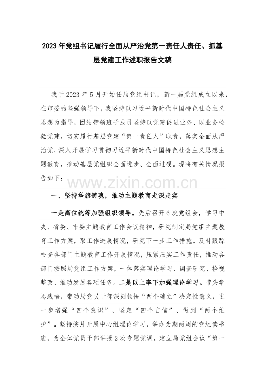 2023年党组书记履行全面从严治党第一责任人责任、抓基层党建工作述职报告文稿.docx_第1页