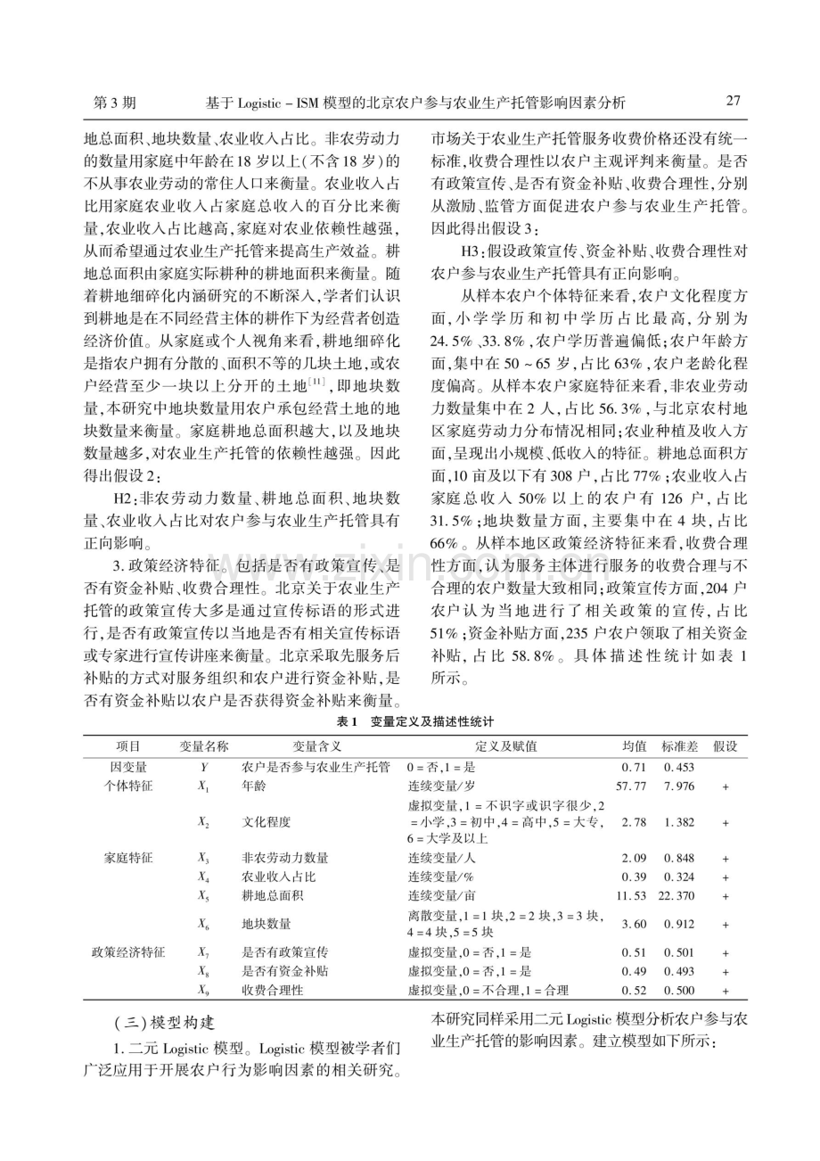 基于Logistic-ISM模型的北京农户参与农业生产托管影响因素分析.pdf_第3页