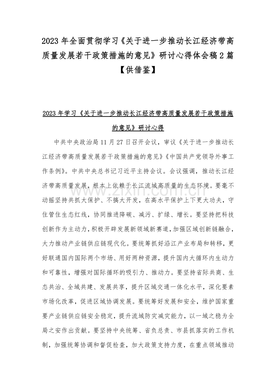 2023年全面贯彻学习《关于进一步推动长江经济带高质量发展若干政策措施的意见》研讨心得体会稿2篇【供借鉴】.docx_第1页