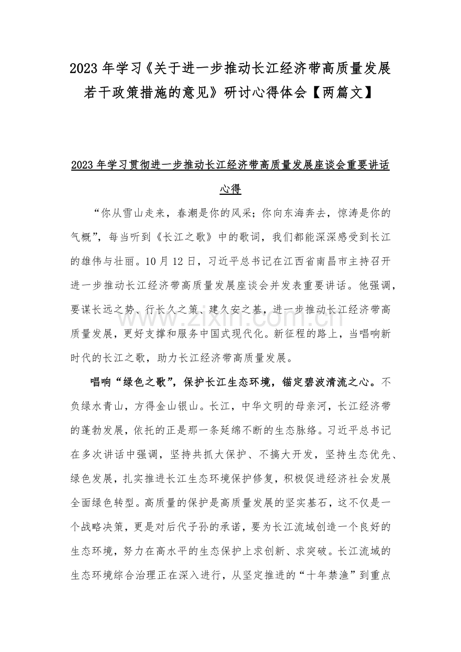 2023年学习《关于进一步推动长江经济带高质量发展若干政策措施的意见》研讨心得体会【两篇文】.docx_第1页