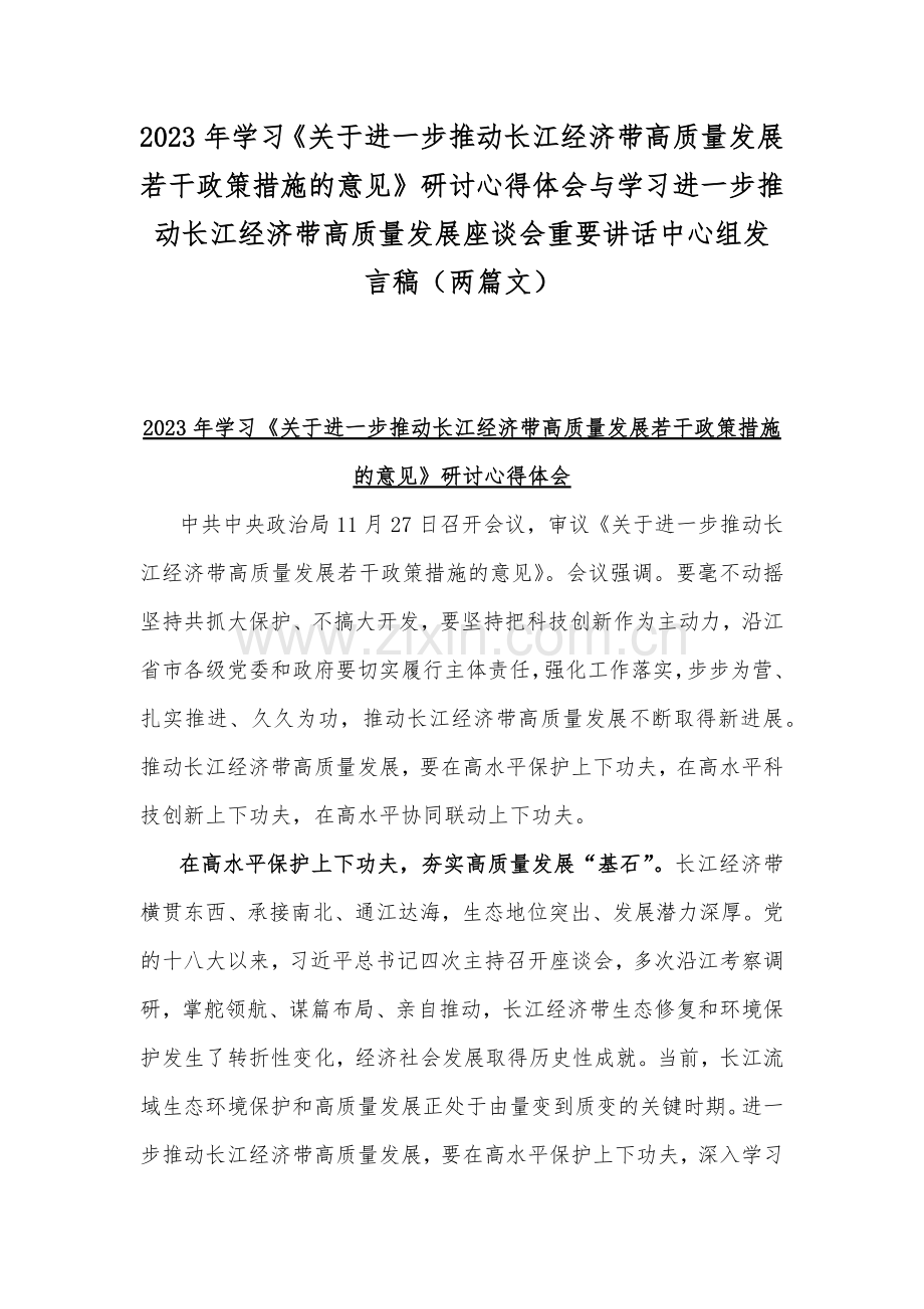 2023年学习《关于进一步推动长江经济带高质量发展若干政策措施的意见》研讨心得体会与学习进一步推动长江经济带高质量发展座谈会重要讲话中心组发言稿（两篇文）.docx_第1页