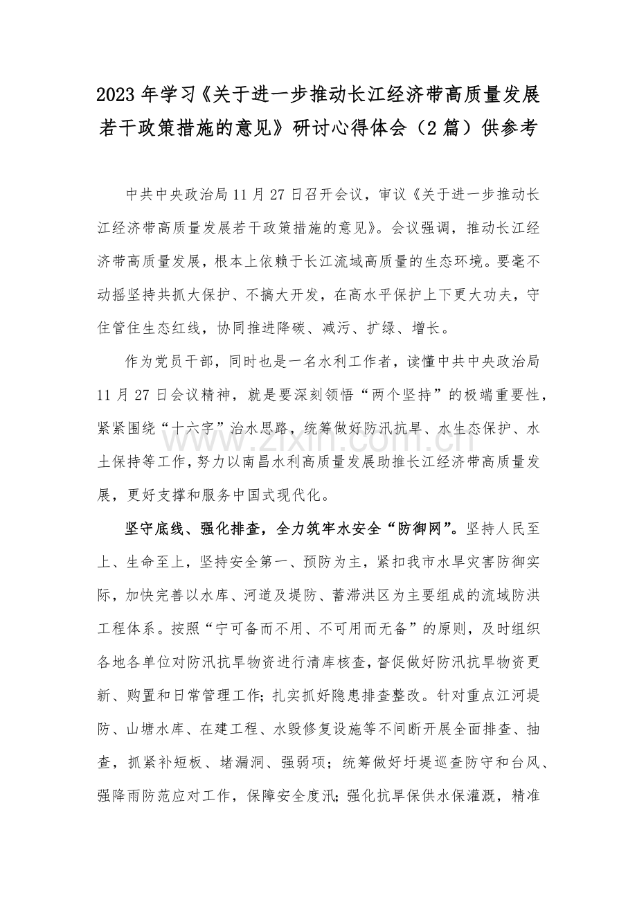 2023年学习《关于进一步推动长江经济带高质量发展若干政策措施的意见》研讨心得体会（2篇）供参考.docx_第1页