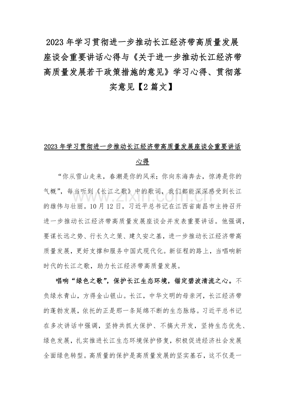 2023年学习贯彻进一步推动长江经济带高质量发展座谈会重要讲话心得与《关于进一步推动长江经济带高质量发展若干政策措施的意见》学习心得、贯彻落实意见【2篇文】.docx_第1页