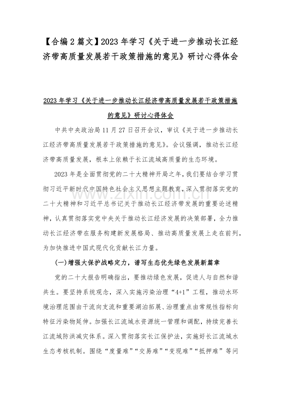 【合编2篇文】2023年学习《关于进一步推动长江经济带高质量发展若干政策措施的意见》研讨心得体会.docx_第1页