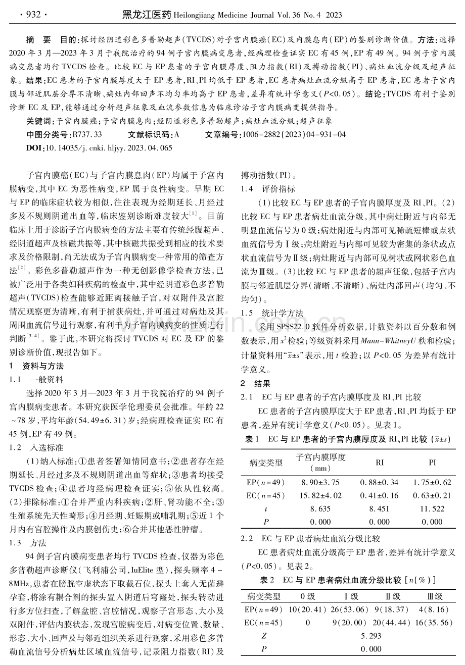 经阴道彩色多普勒超声对子宫内膜癌及内膜息肉的鉴别诊断价值.pdf_第2页