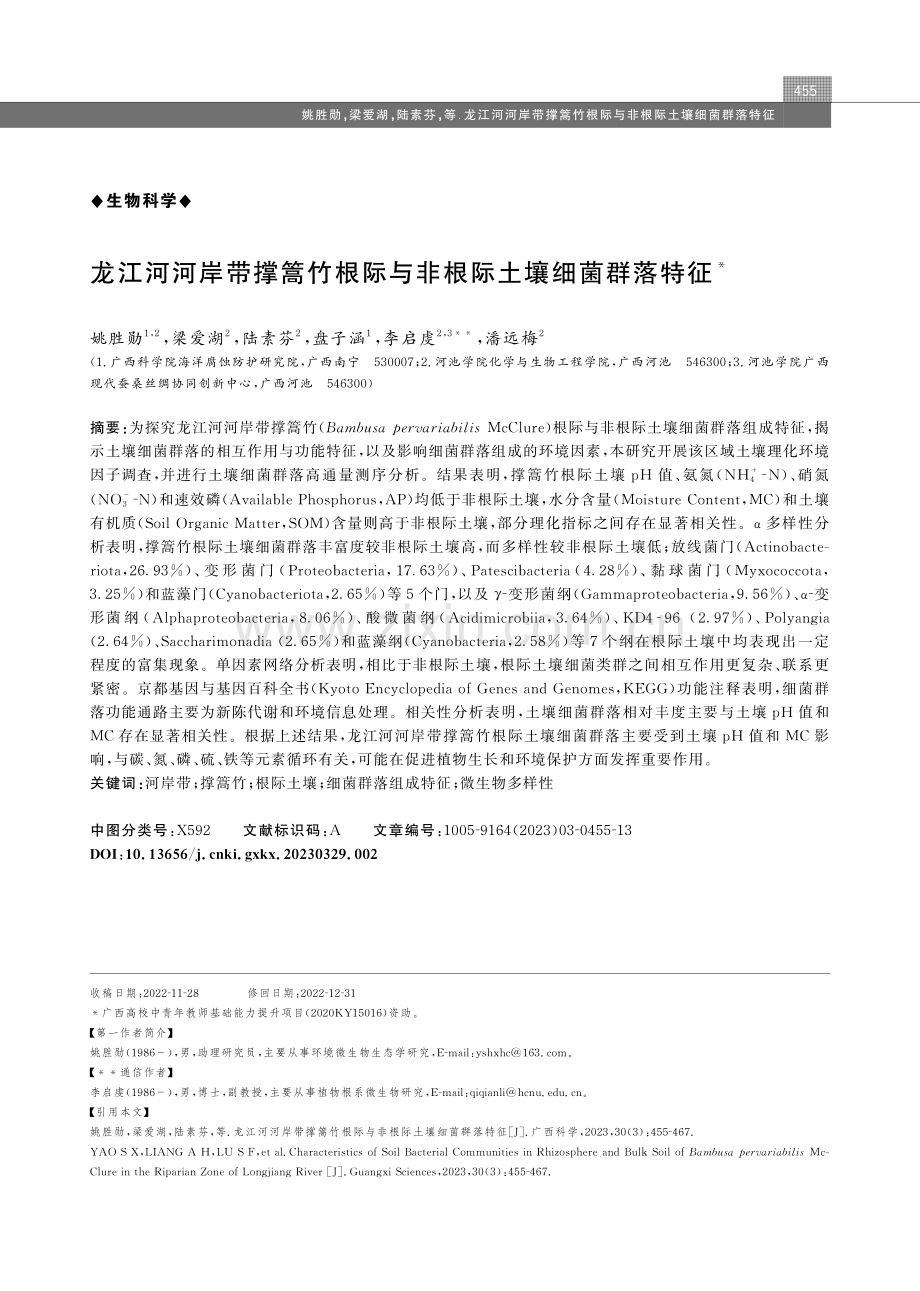 龙江河河岸带撑篙竹根际与非根际土壤细菌群落特征.pdf_第1页