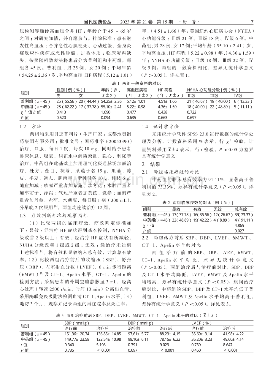 理气化痰通脉汤加减联合贝那普利片治疗高血压合并心力衰竭的疗效及对CT-1、Apelin水平的影响.pdf_第2页