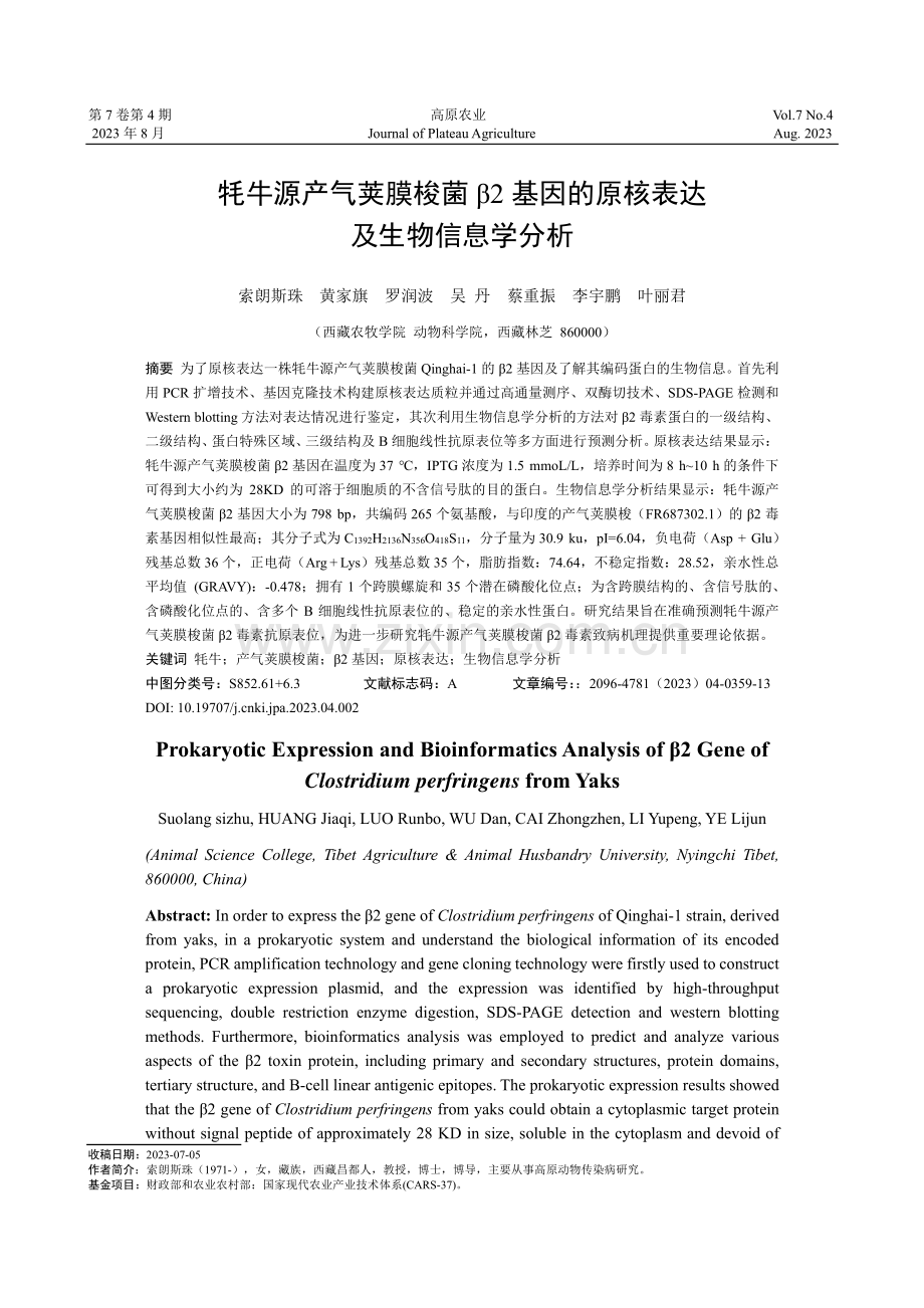 牦牛源产气荚膜梭菌β2基因的原核表达及生物信息学分析.pdf_第1页