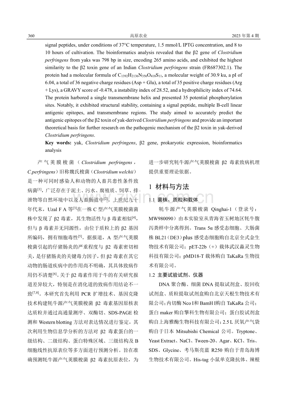 牦牛源产气荚膜梭菌β2基因的原核表达及生物信息学分析.pdf_第2页