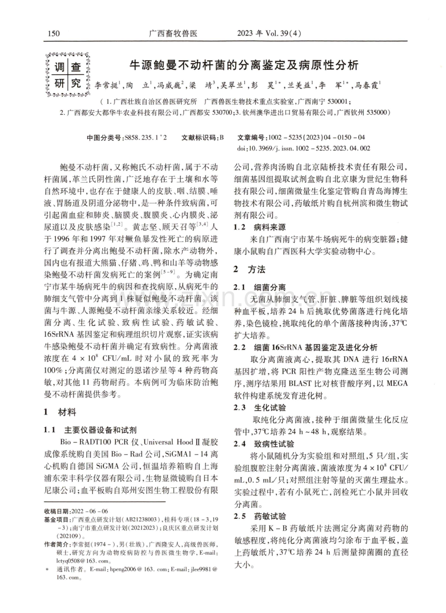 牛源鲍曼不动杆菌的分离鉴定及病原性分析.pdf_第1页