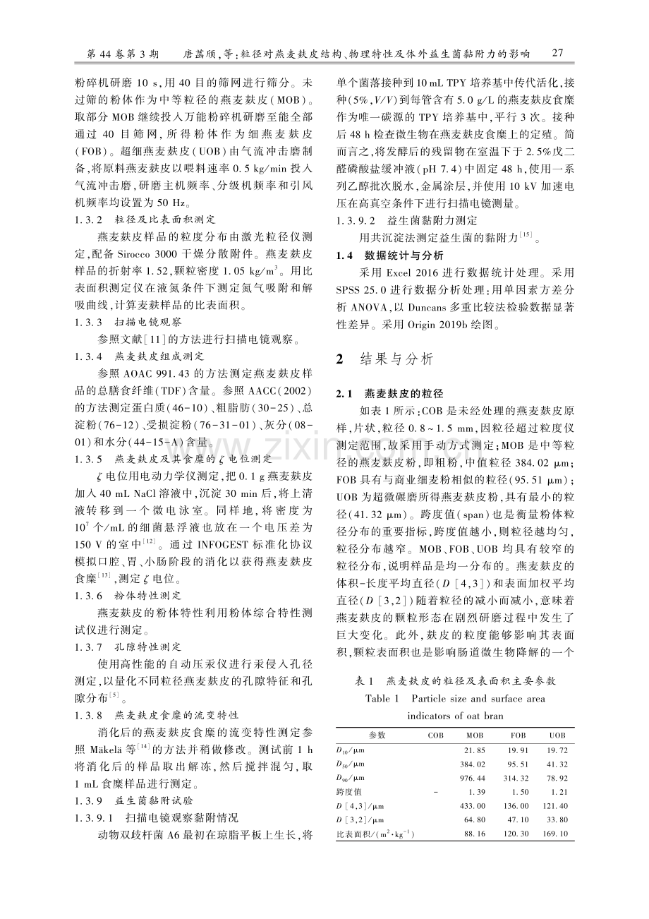 粒径对燕麦麸皮结构、物理特性及体外益生菌黏附力的影响.pdf_第3页