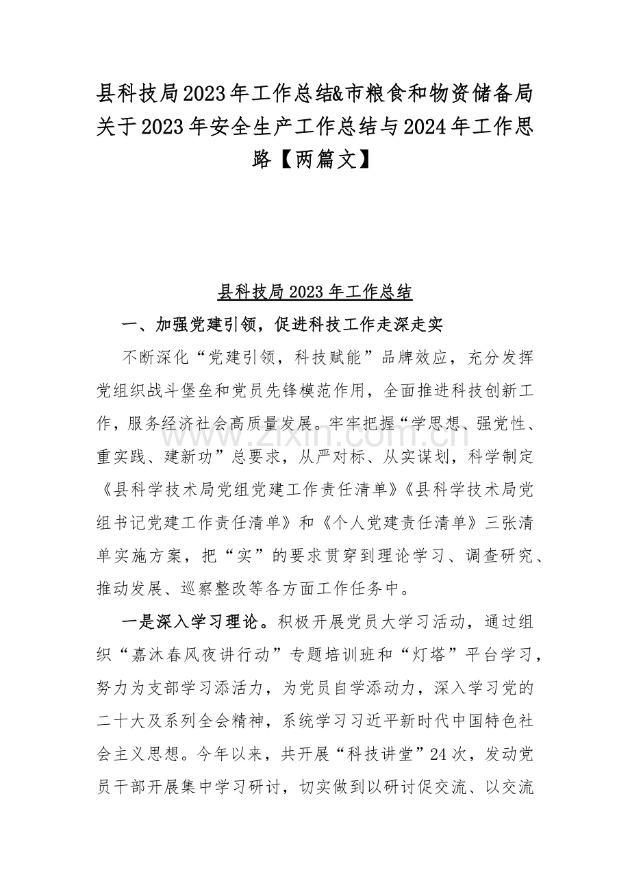 县科技局2023年工作总结&市粮食和物资储备局关于2023年安全生产工作总结与2024年工作思路【两篇文】.docx_第1页