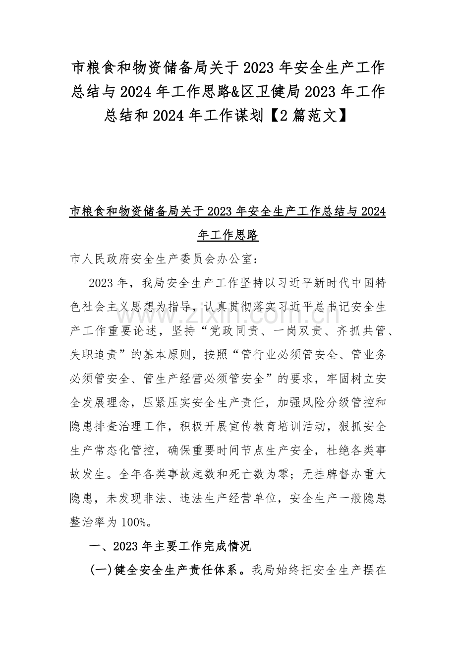 市粮食和物资储备局关于2023年安全生产工作总结与2024年工作思路&区卫健局2023年工作总结和2024年工作谋划【2篇范文】.docx_第1页