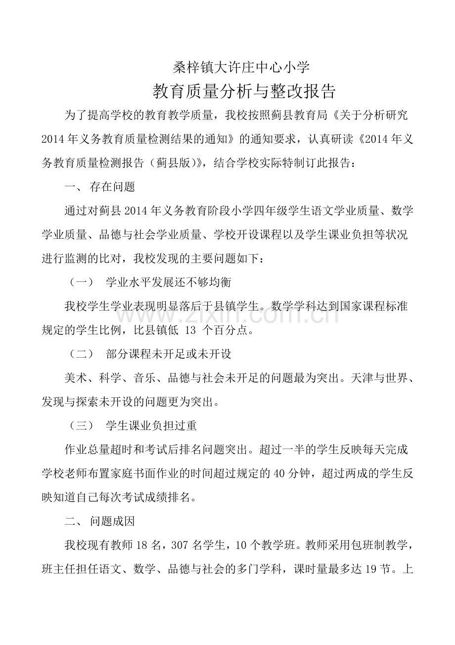 大许庄中小教育质量分析与整改报告.doc_第1页