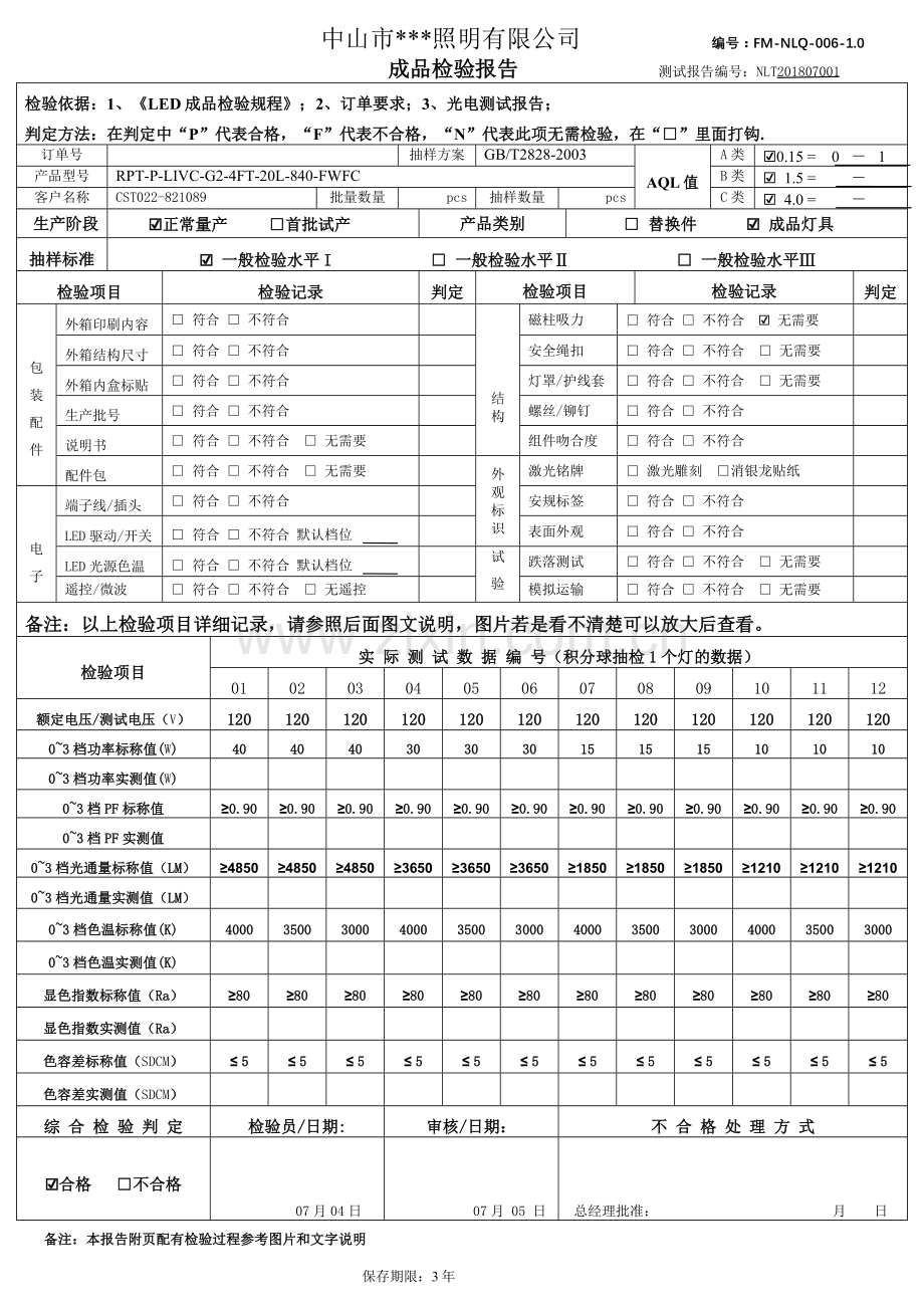 LED照明灯具出货检验报告模板完整版.doc_第1页