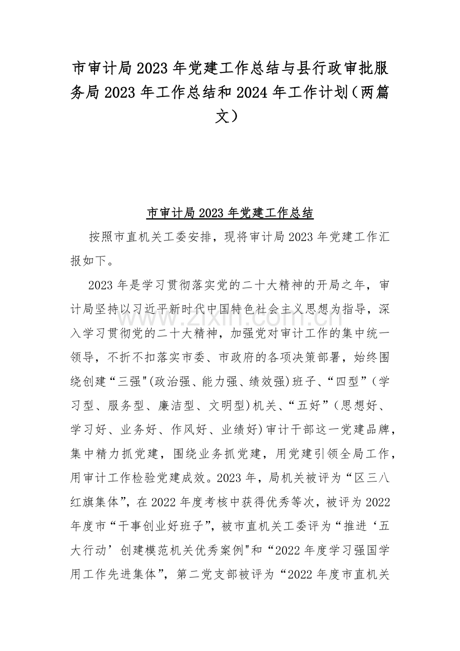 市审计局2023年党建工作总结与县行政审批服务局2023年工作总结和2024年工作计划（两篇文）.docx_第1页