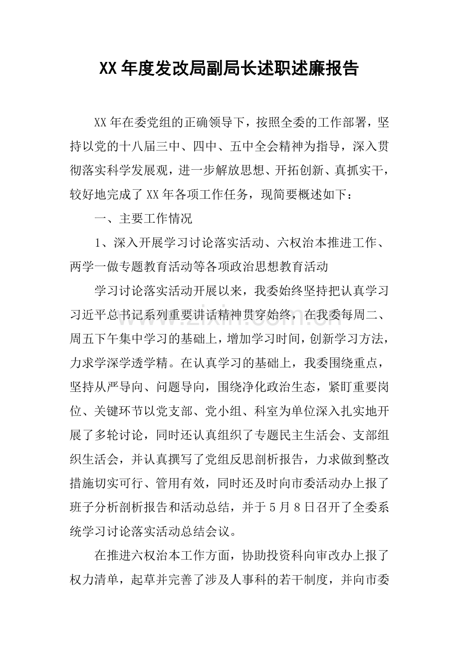 XX年度发改局副局长述职述廉报告.docx_第1页