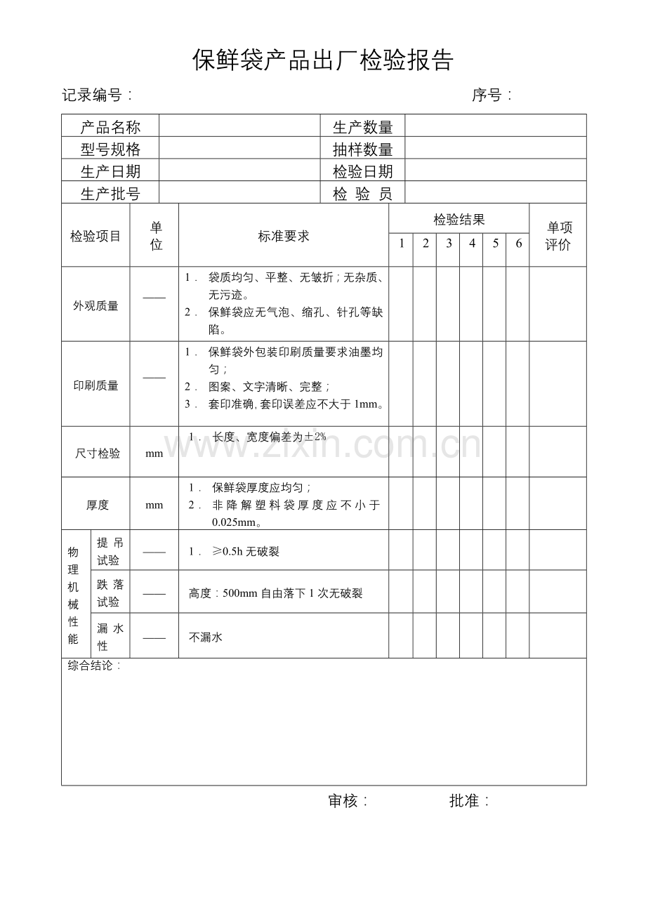 保鲜袋产品出厂检验报告.doc_第1页