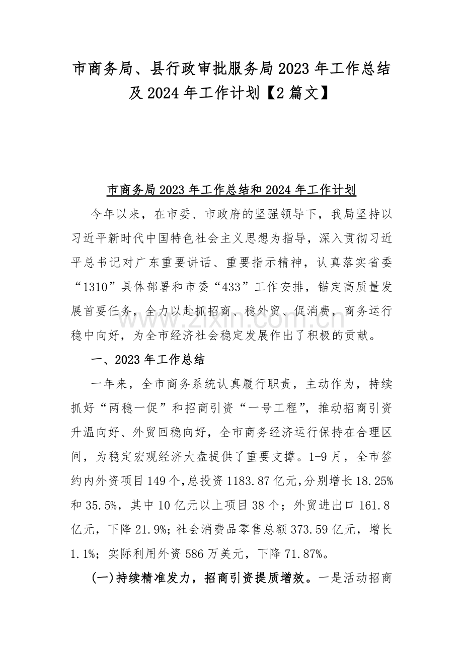 市商务局、县行政审批服务局2023年工作总结及2024年工作计划【2篇文】.docx_第1页