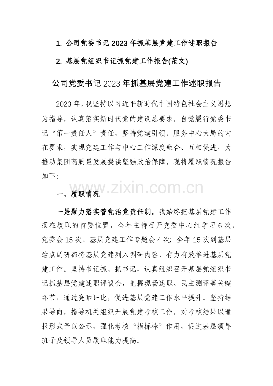 党委书记2023年抓基层党建工作述职报告范文2篇.docx_第1页