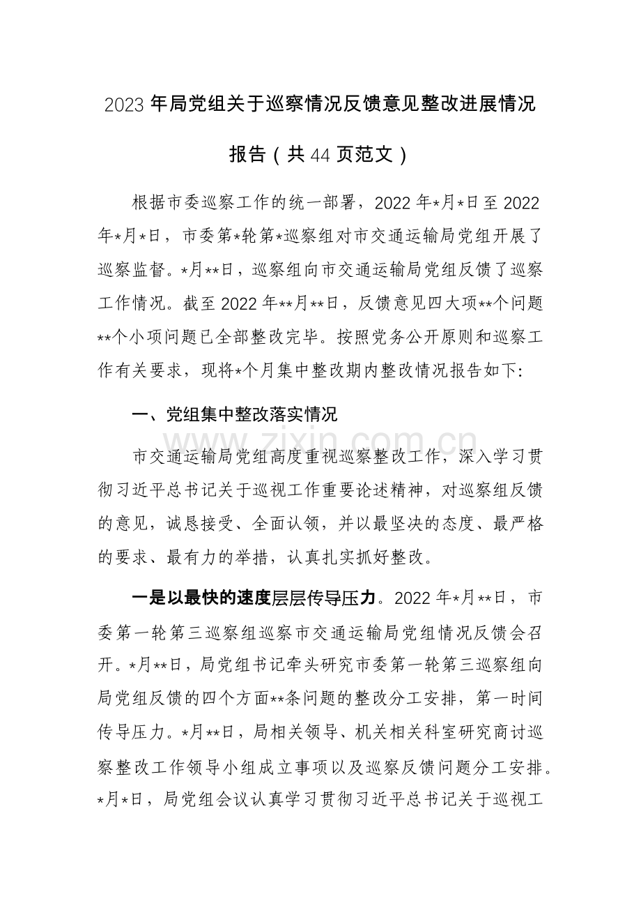 2023年局党组关于巡察情况反馈意见整改进展情况报告（共44页范文）.docx_第1页