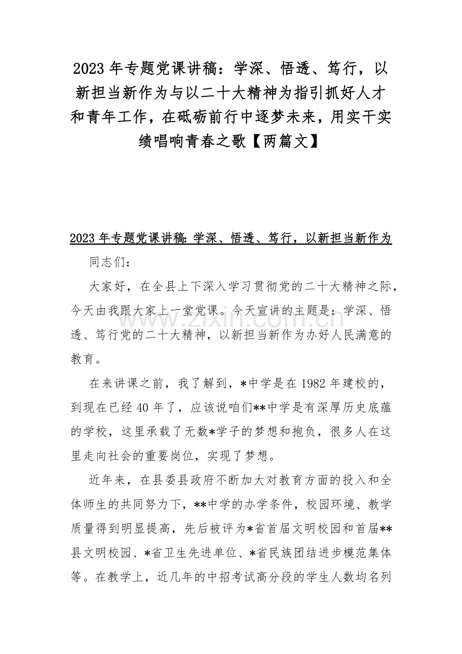 2023年专题党课讲稿：学深、悟透、笃行以新担当新作为与以二十大精神为指引抓好人才和青年工作在砥砺前行中逐梦未来用实干实绩唱响青春之歌【两篇文】.docx_第1页