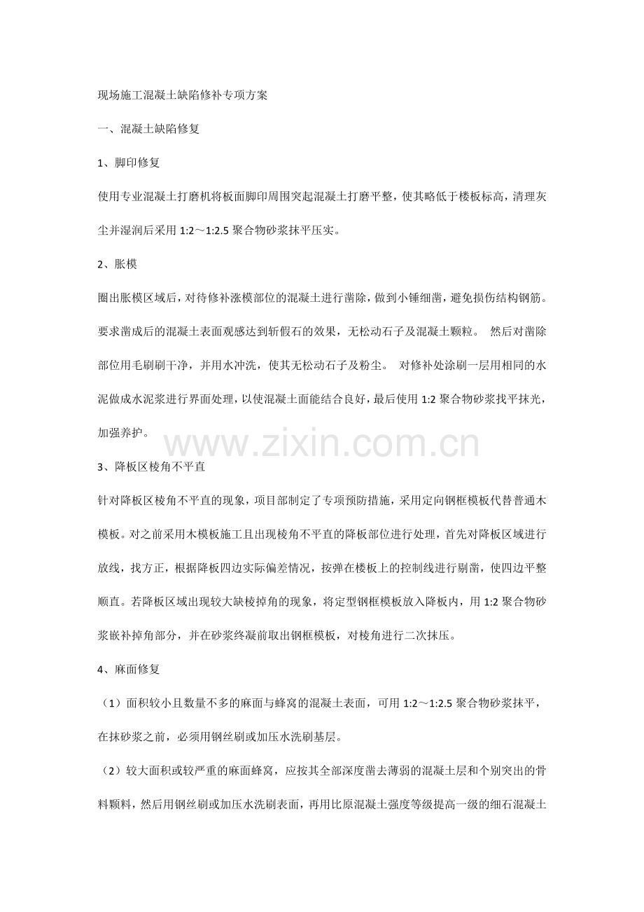 现场施工混凝土缺陷修补专项方案.docx_第1页