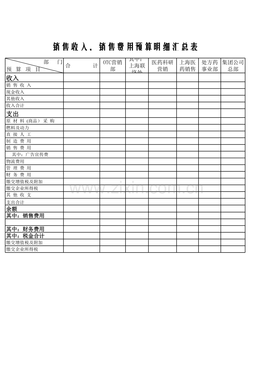 销售收入 销售费用预算明细汇总表.xls_第1页