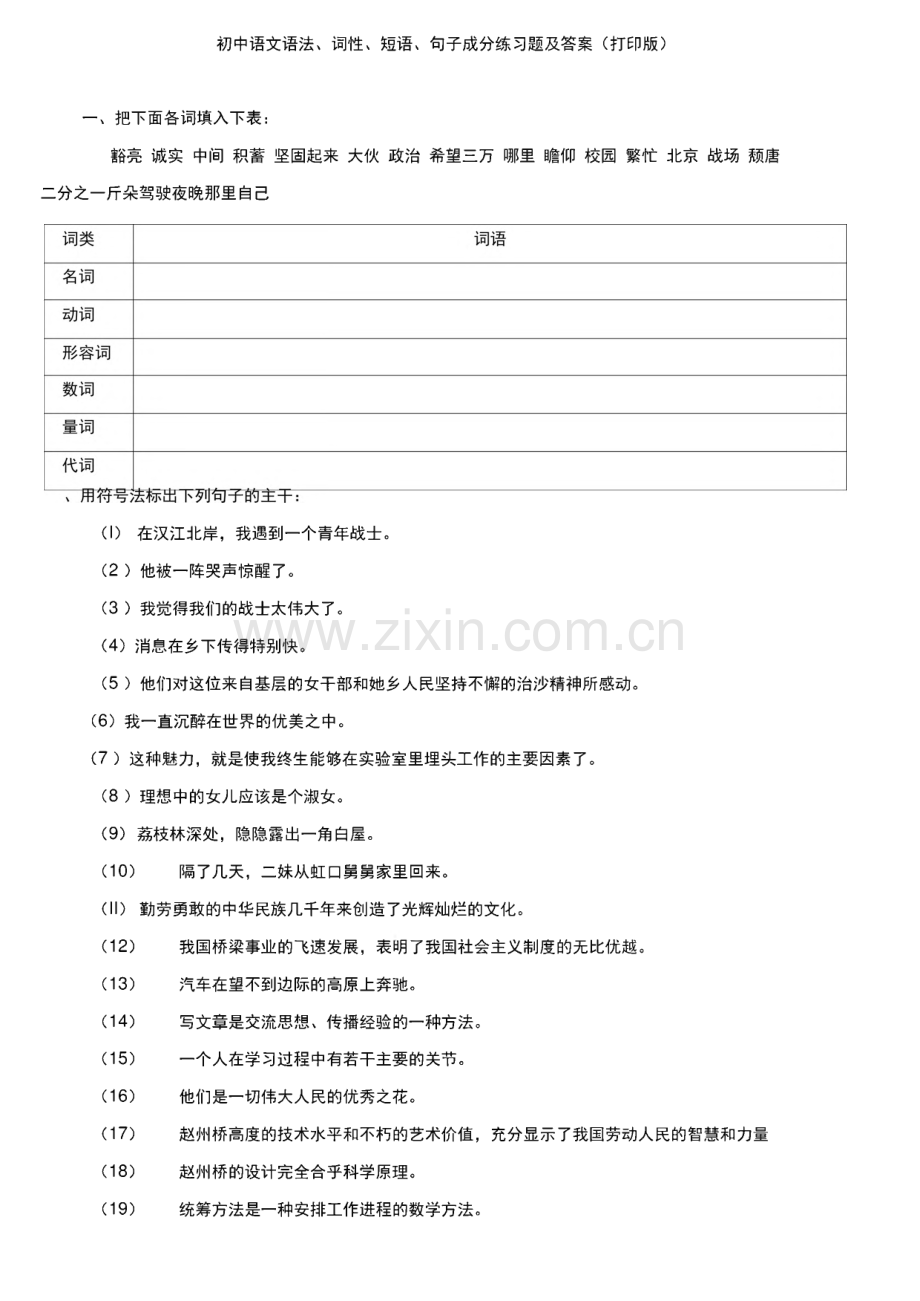 初中语文语法、词性、短语、句子成分练习题及答案.pdf_第1页