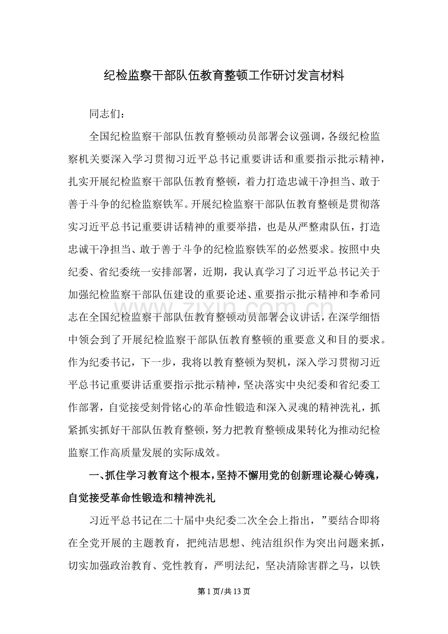 纪检监察干部队伍教育整顿工作研讨发言材料、心得体会四篇.docx_第1页