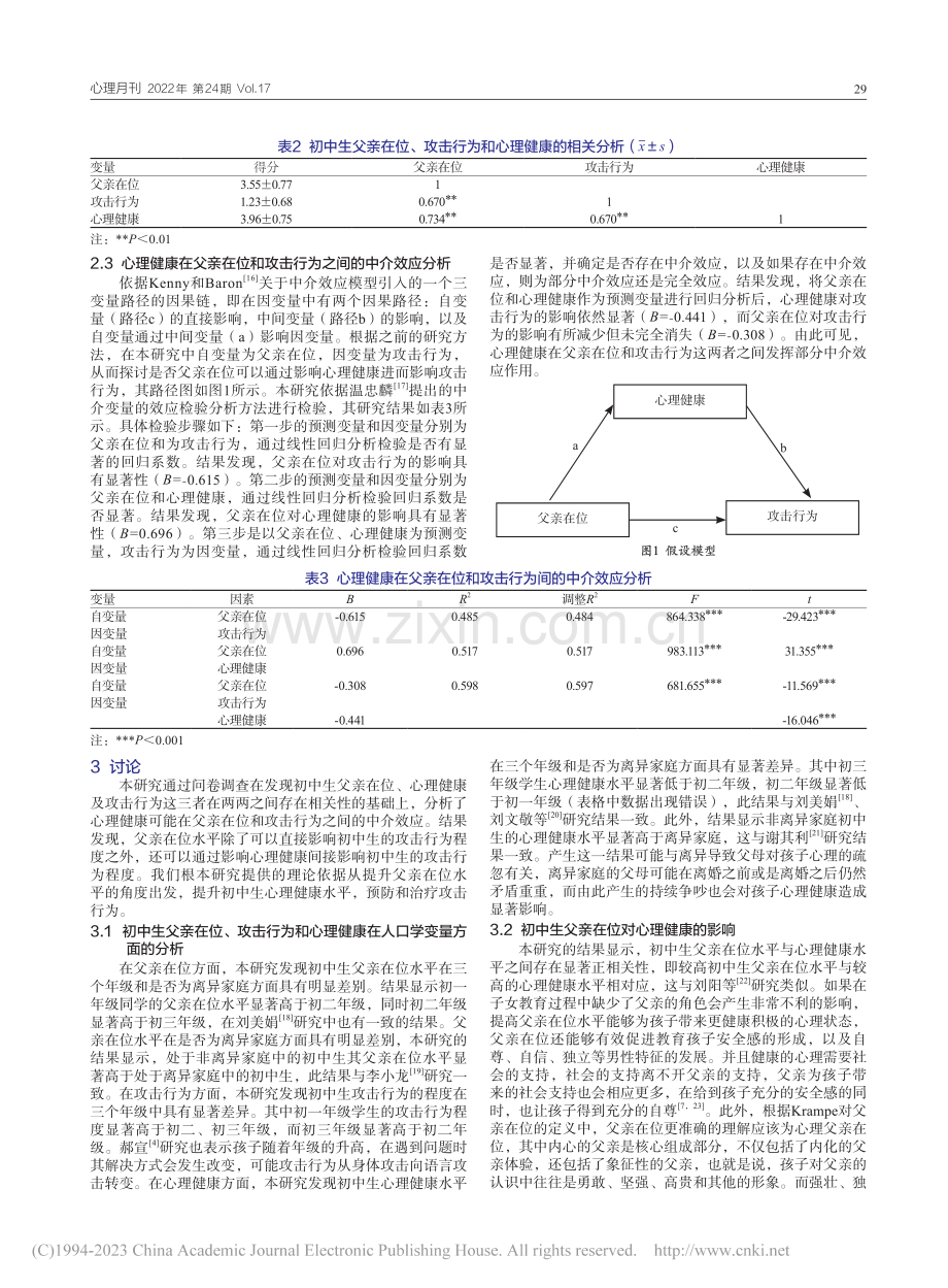 父亲在位与初中生攻击行为：以心理健康为中介作用_杨粤凝.pdf_第3页