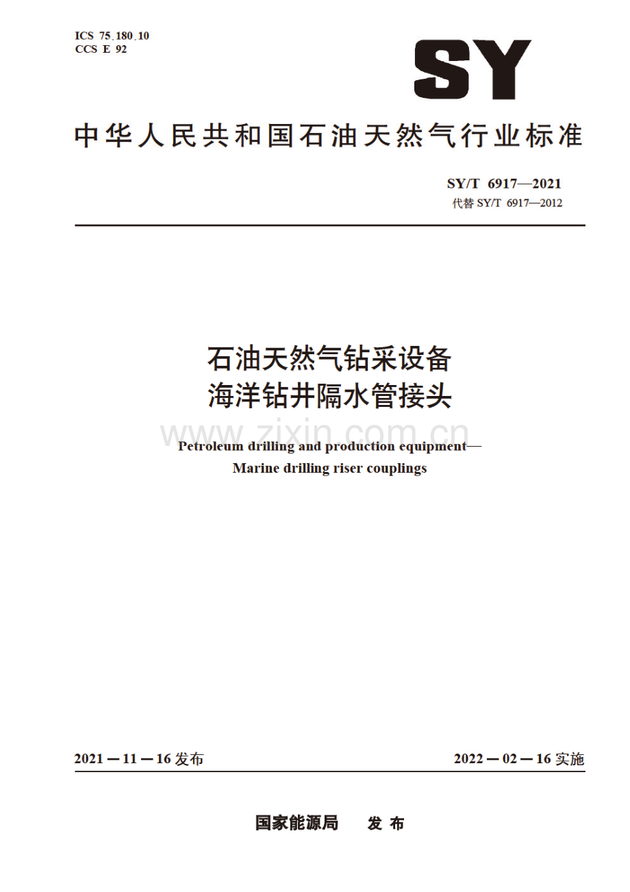 SY∕T 6917-2021（代替SY∕T 6917-2012） 石油天然气钻采设备 海洋钻井隔水管接头.pdf_第1页