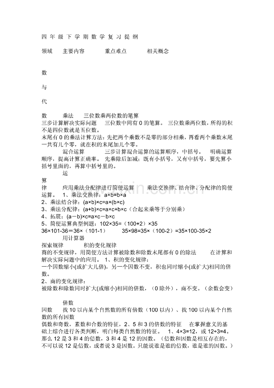 四年级下学期数学复习提纲.pdf_第1页