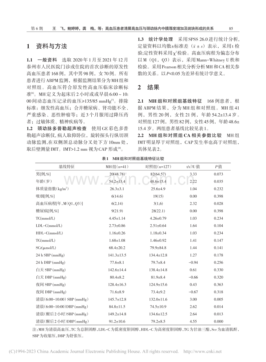 高血压患者清晨高血压与颈动...膜厚度增加及斑块形成的关系_王飞.pdf_第2页