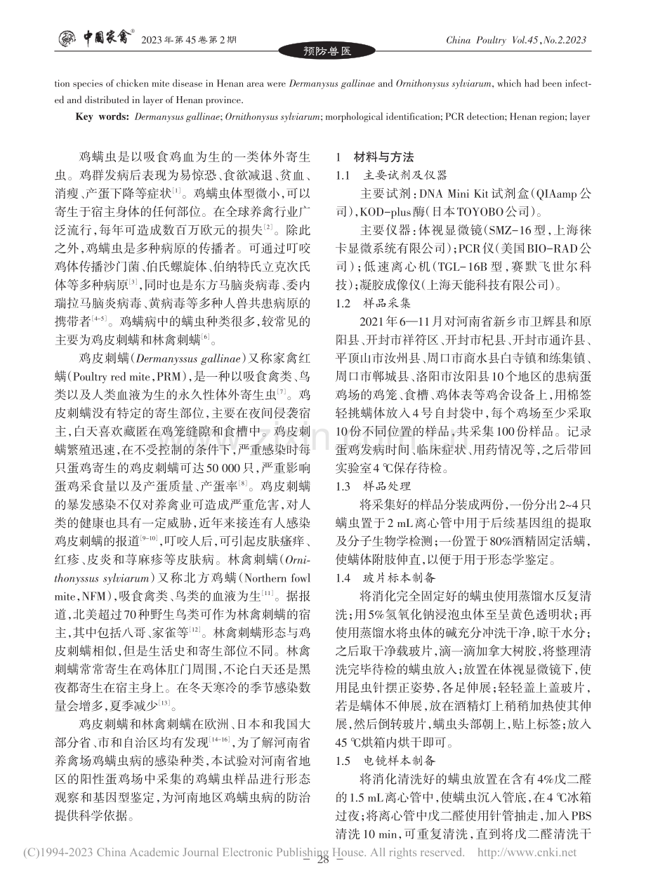 河南省部分地区蛋鸡场螨虫的种类鉴定_菅忆晨.pdf_第2页