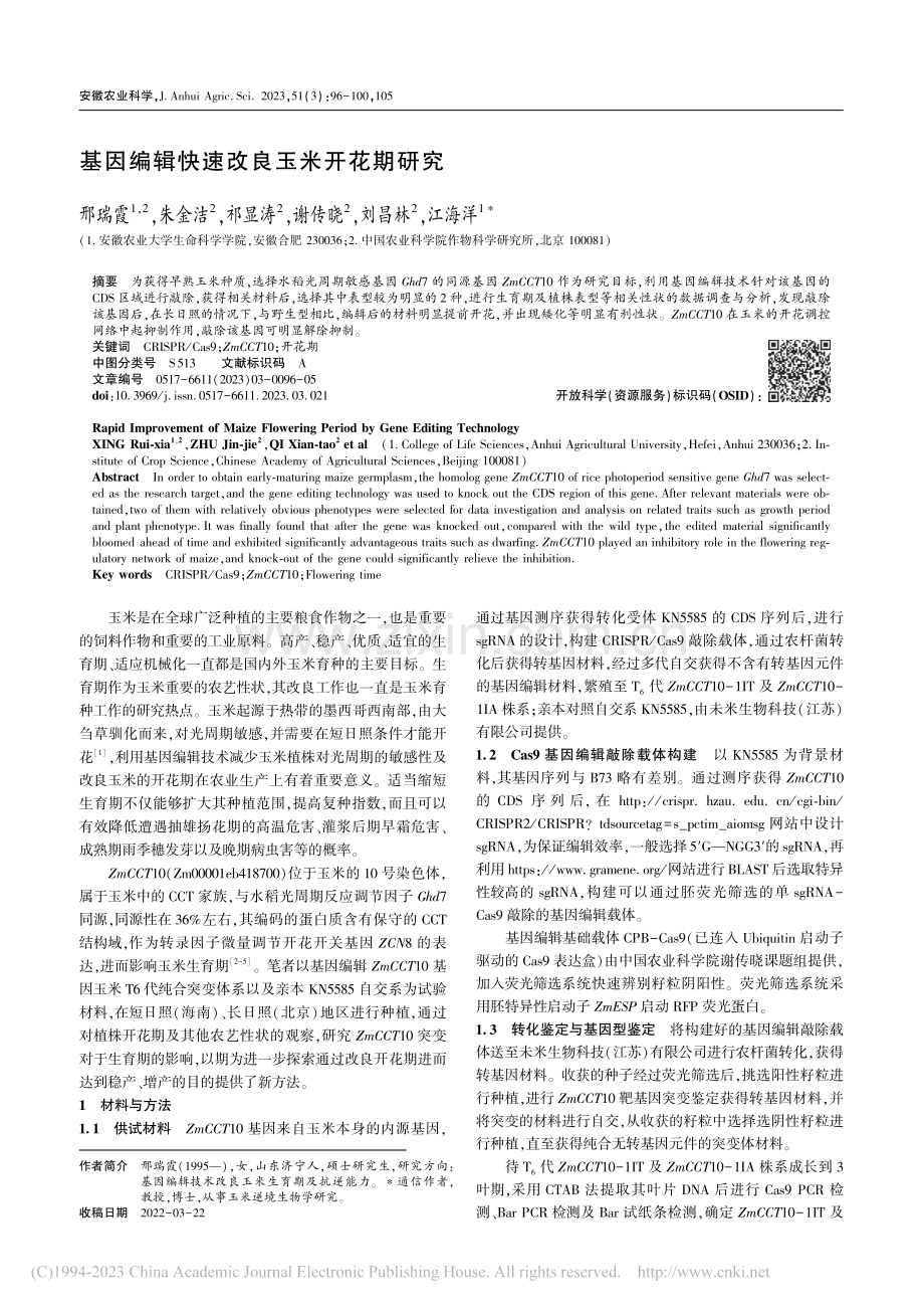 基因编辑快速改良玉米开花期研究_邢瑞霞.pdf_第1页