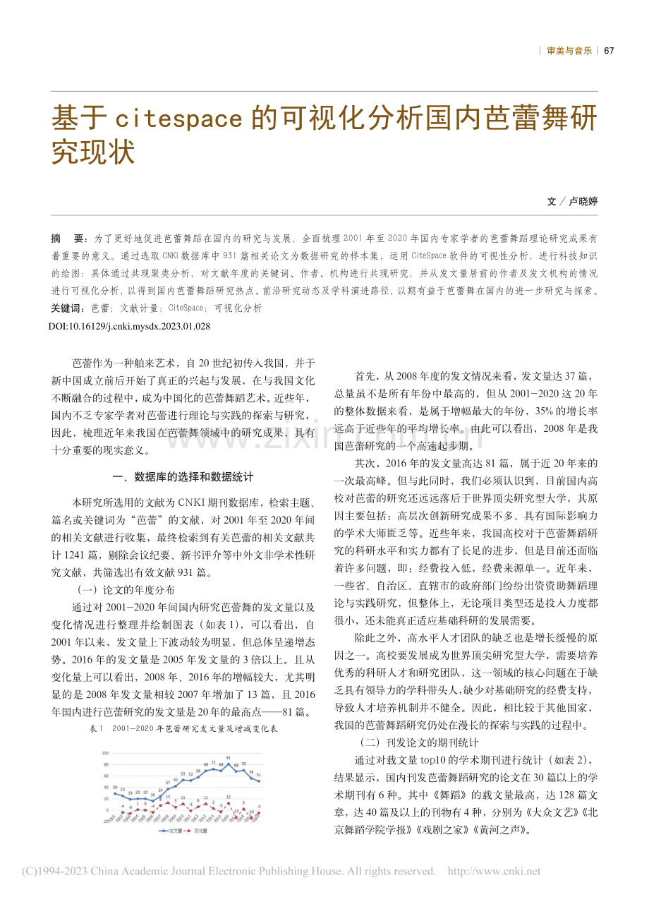 基于citespace的可视化分析国内芭蕾舞研究现状_卢晓婷.pdf_第1页