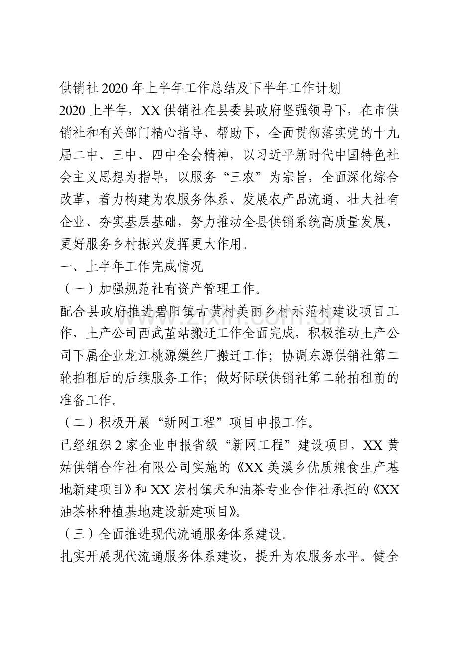 供销社2020年上半年工作总结及下半年工作计划.doc_第1页