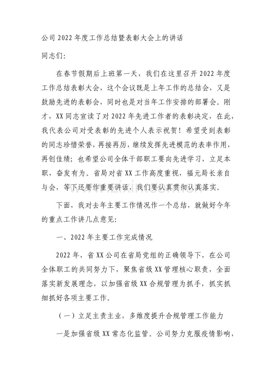 公司2022年度工作总结暨表彰大会上的讲话.docx_第1页