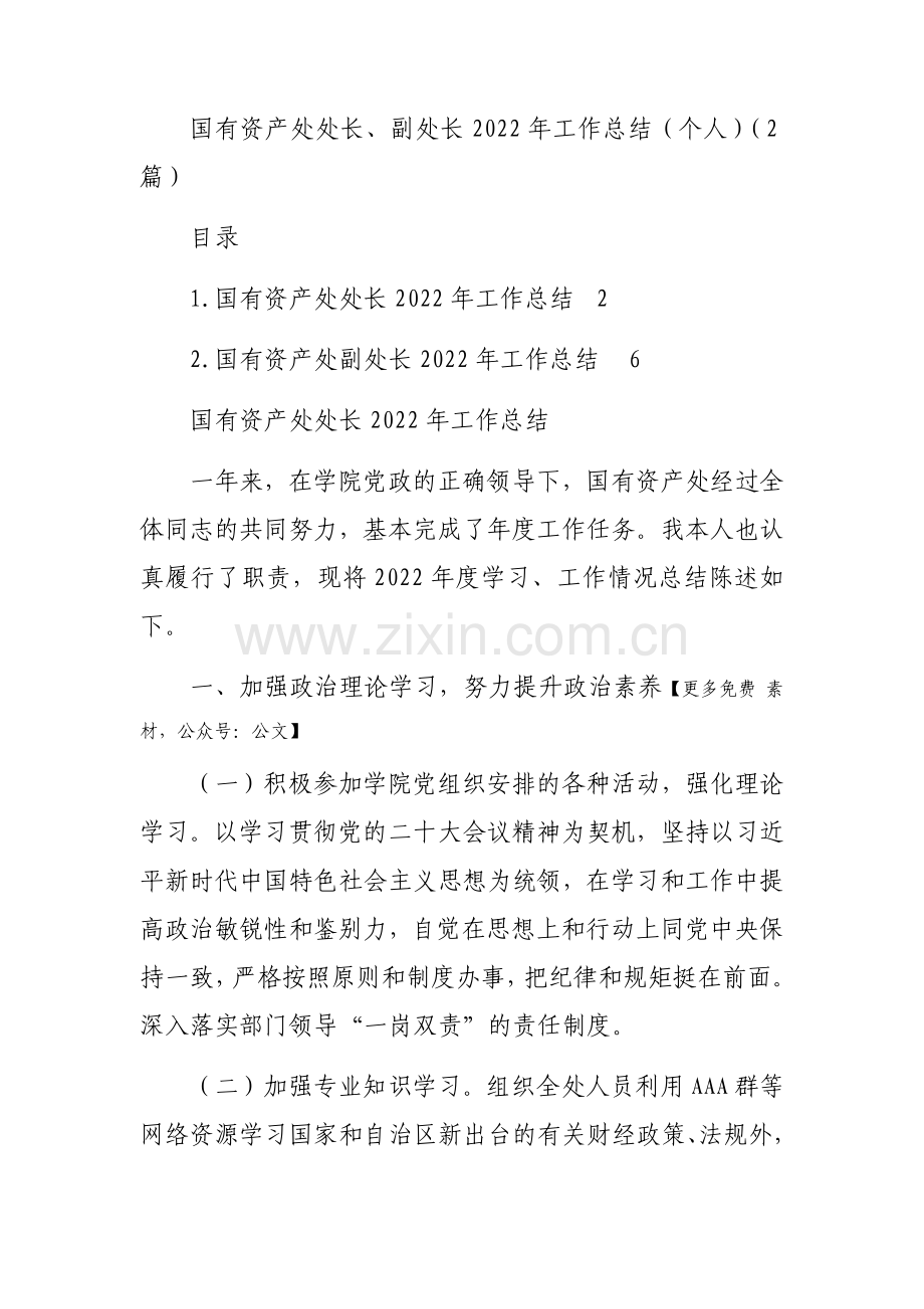 国有资产处处长、副处长2022年工作总结（个人）（2篇）.docx_第1页