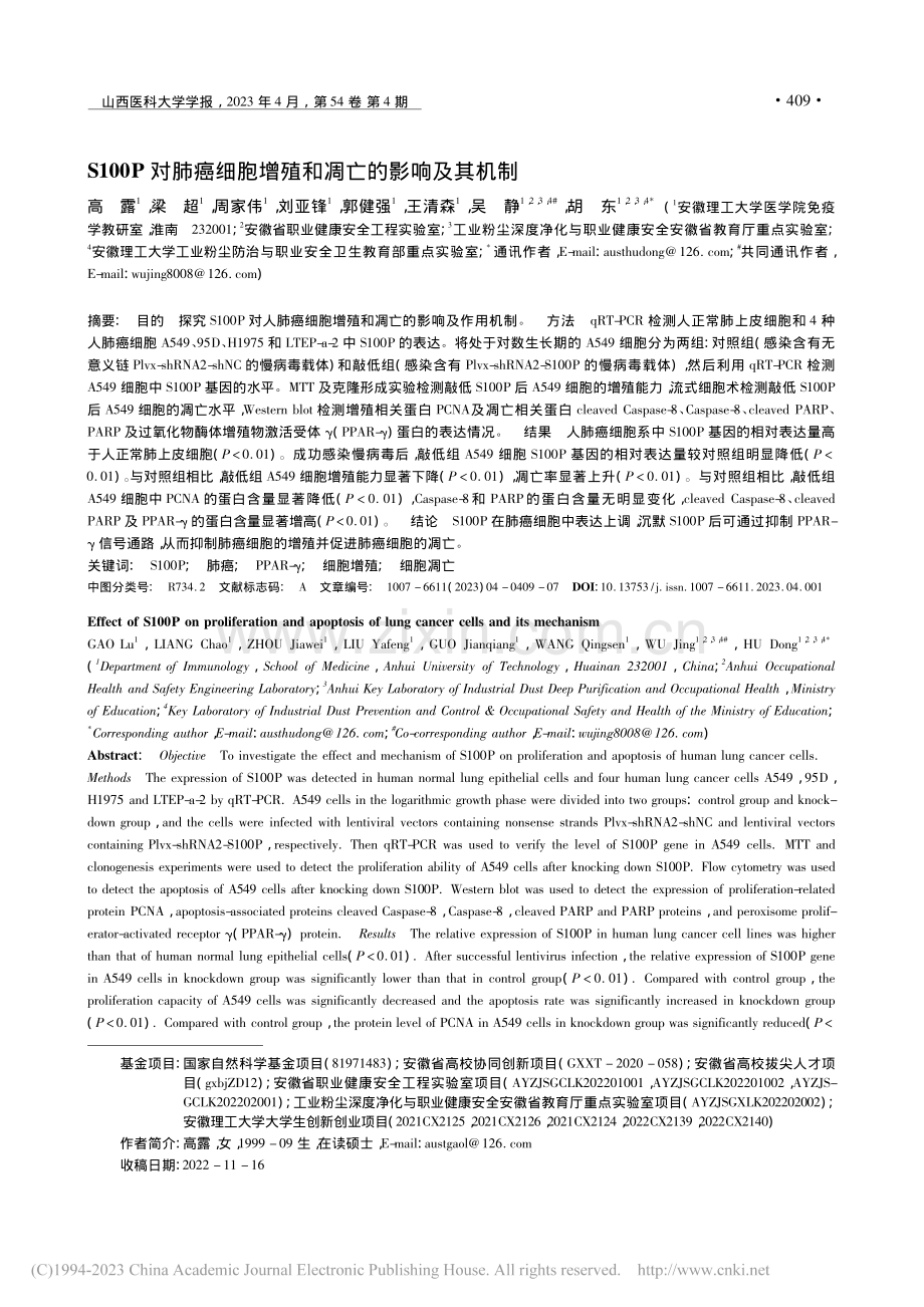 S100P对肺癌细胞增殖和凋亡的影响及其机制_高露.pdf_第1页