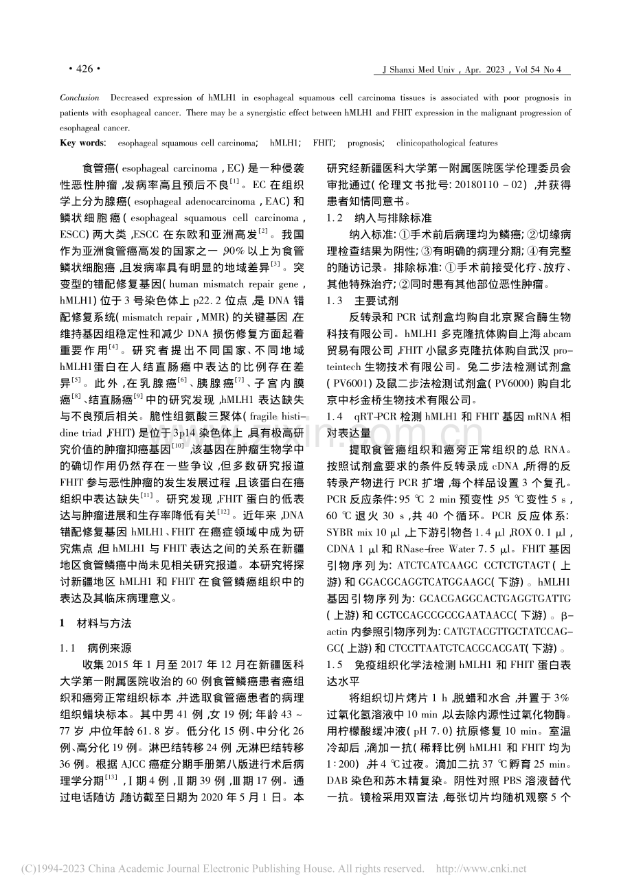 hMLH1及FHIT在食管...组织中的表达及临床病理意义_阿丽米热·库尔班.pdf_第2页