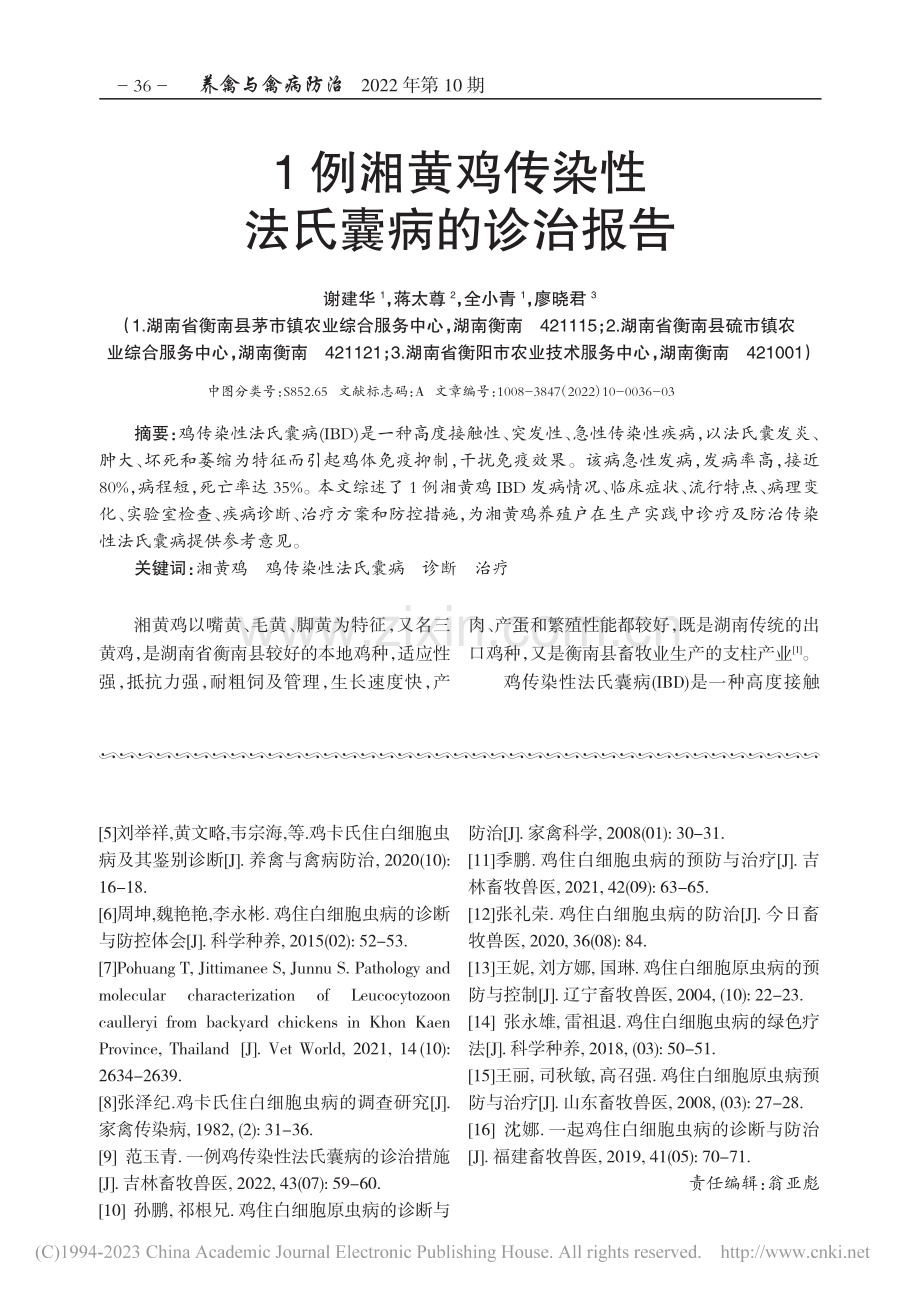 1例湘黄鸡传染性法氏囊病的诊治报告_谢建华.pdf_第1页